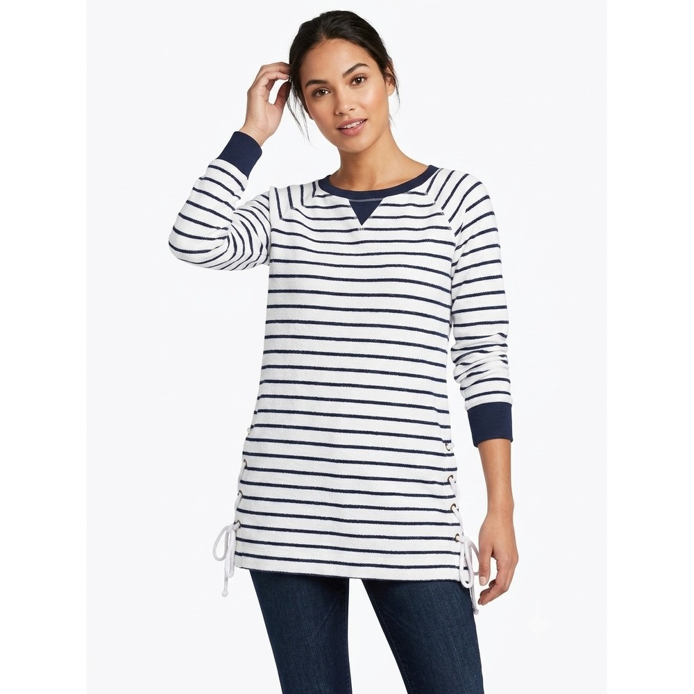 NWT Lauren Ralph Lauren Sweater Womens XS White/Capri Navy Stripe Side Lace Knit